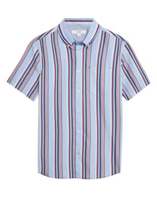 Mens M&S Collection Pure Cotton Striped Shirt - Red Mix