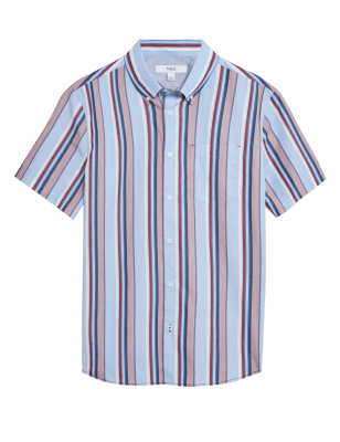 Mens M&S Collection Pure Cotton Striped Shirt - Red Mix