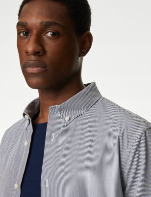 M&S Mens Pure Cotton Striped Shirt - SREG - Navy Mix, Navy Mix,Green Mix