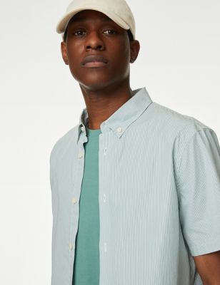 M&S Men's Pure Cotton Striped Shirt - SREG - Green Mix, Green Mix,Navy Mix