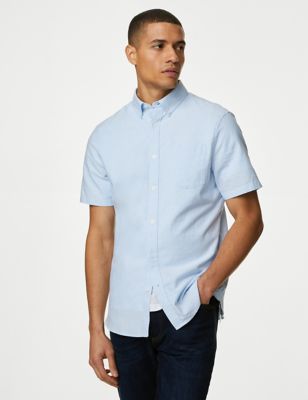 M&S Mens Pure Cotton Oxford Shirt - Light Blue, Light Blue,White,Navy