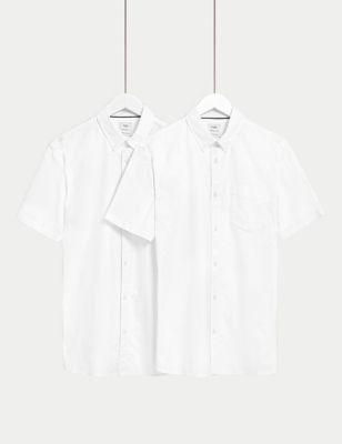 M&S Men's 2pk Pure Cotton Oxford Shirts - MREG - White, White,Navy Mix,Pink Mix
