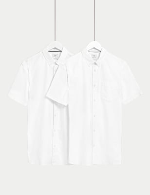 M&S Men's 2pk Pure Cotton Oxford Shirts - MREG - White, White,Navy Mix,Pink Mix