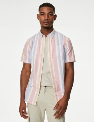 M&S Men's Pure Cotton Striped Oxford Shirt - XXL - Pink Mix, Pink Mix,Blue,Bright Red,Green Mix,Lila