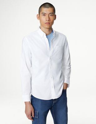 M&S Men's Slim Fit Pure Cotton Oxford Shirt - White, White,Pink,Blue