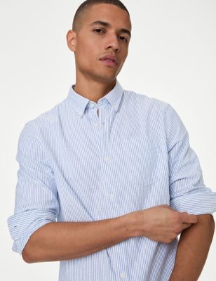 M&S Mens Pure Cotton Striped Oxford Shirt - XXXL - Light Blue, Light Blue