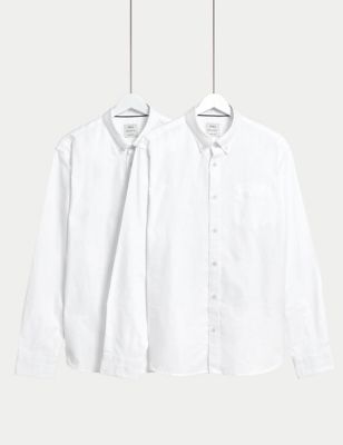 M&S Mens 2pk Easy Iron Pure Cotton Oxford Shirts - White, White,Light Blue Mix,Navy Mix
