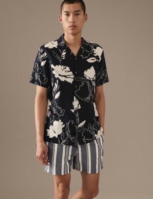 

Mens Autograph Hemd mit hohem Leinenanteil, Blumenmuster und Cuban Collar - Navy Mix, Navy Mix