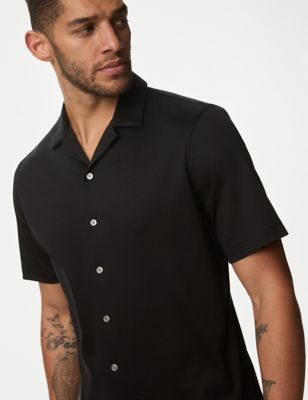 Autograph Mens Pure Cotton Cuban Collar Jersey Shirt - XREG - Black, Black,Taupe,White