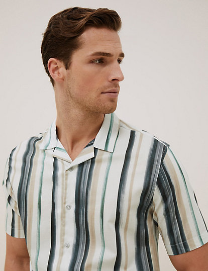 Cotton Striped Cuban Collar Shirt