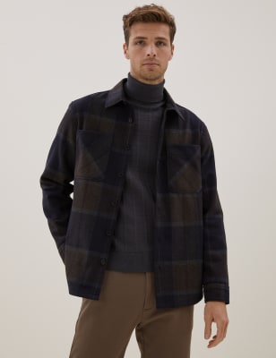 

Mens Autograph Wool Blend Check Overshirt - Dark Brown, Dark Brown