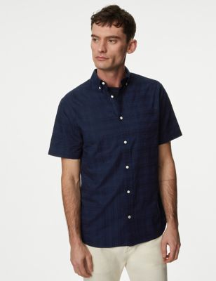 

Mens M&S Collection Easy Iron Pure Cotton Textured Check Shirt - Navy, Navy