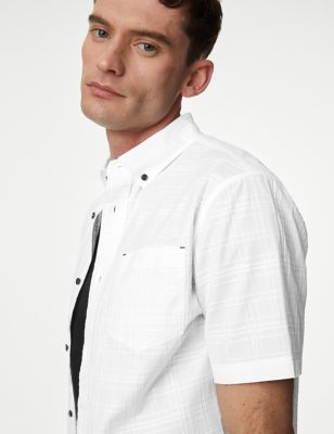 M&S Mens Easy Iron Pure Cotton Textured Check Shirt - 5XLREG - White, White,Navy