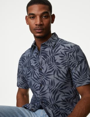 M&S Mens Easy Iron Pure Cotton Palm Print Shirt - MREG - Denim Mix, Denim Mix