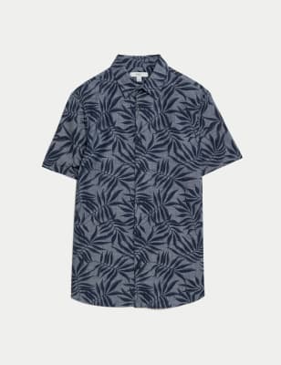 

Mens M&S Collection Easy Iron Pure Cotton Palm Print Shirt - Denim Mix, Denim Mix