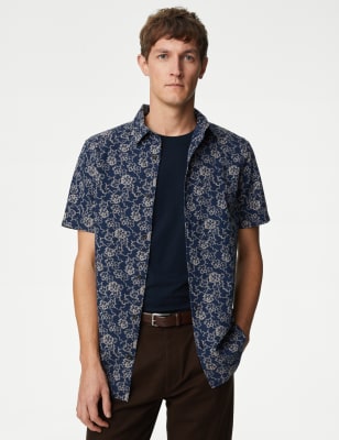 

Mens M&S Collection Bügelleichtes Chambray-Hemd aus reiner Baumwolle mit Blumenmuster - Blue Mix, Blue Mix