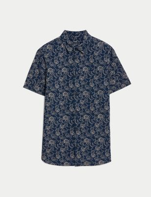 Easy Iron Pure Cotton Chambray Floral Shirt