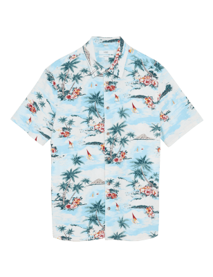 

Mens M&S Collection Linen Hawaiian Shirt - Aqua, Aqua