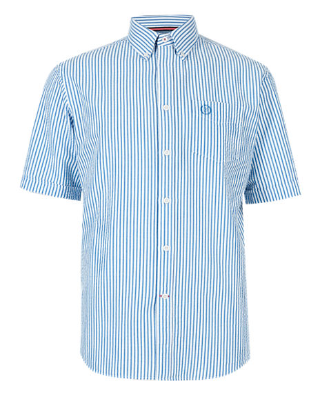Pure Cotton Seersucker Striped Shirt | Blue Harbour | M&S