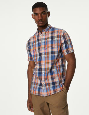 

Mens M&S Collection Hemd aus reiner Baumwolle mit Karomuster - Orange Mix, Orange Mix