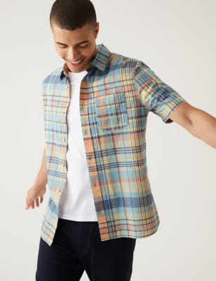 

Mens M&S Collection Pure Cotton Check Cuban Collar Shirt - Pink Mix, Pink Mix