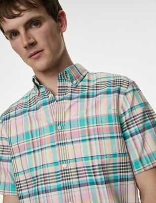 

Mens M&S Collection Easy Iron Pure Cotton Check Oxford Shirt - Green Mix, Green Mix