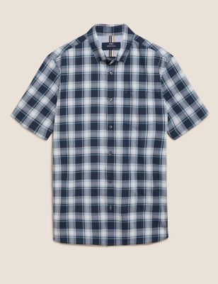 MENS M&S BRUSHED COTTON CHECKED SHIRT SIZE 3XL CHEST 50-52 '' DARK NAVY BNWT