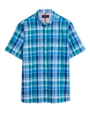 Mens M&S Collection Pure Cotton Check Shirt - Teal Mix, Teal Mix