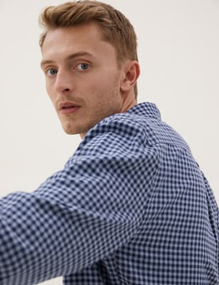 

Mens M&S Collection Hemd aus gebürsteter Baumwolle mit Gingham-Karomuster - Light Airforce, Light Airforce