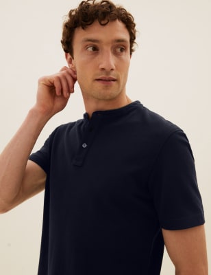 

Mens M&S Collection Pure Cotton Grandad Collar Polo Shirt - Dark Navy, Dark Navy