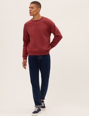 Marks And Spencer Mens M&S Collection Pure Cotton Raglan Crew Neck Sweatshirt - Dark Coral, Dark Coral