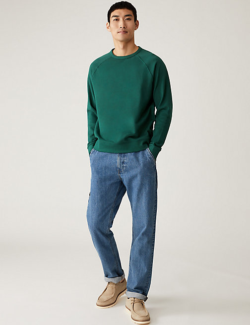 Marks And Spencer Mens M&S Collection Pure Cotton Raglan Crew Neck Sweatshirt - Medium Green, Medium Green