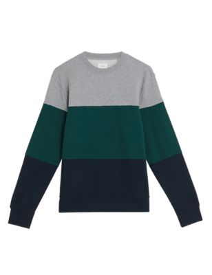 Mens M&S Collection Pure Cotton Colour Block Sweatshirt - Grey Marl