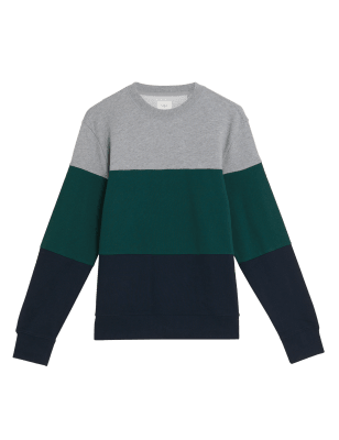 Mens M&S Collection Pure Cotton Colour Block Sweatshirt - Grey Marl