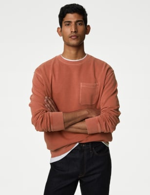 M&S Mens Pure Cotton Crew Neck Sweatshirt - SREG - Copper, Copper,Dark Green