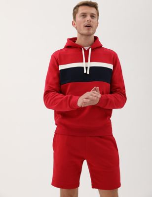 Mens M&S Collection Pure Cotton Colour Block Hoodie - Red