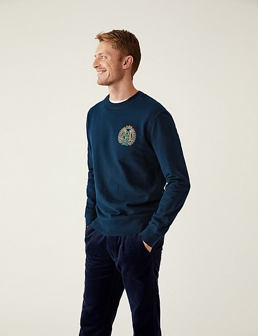 Marks And Spencer Mens M&S Collection Pure Cotton Embroidered Sweatshirt - Dark Navy, Dark Navy