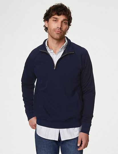 M&S Collection Pure Cotton Half Zip Sweatshirt - Sreg - Dark Navy, Dark Navy