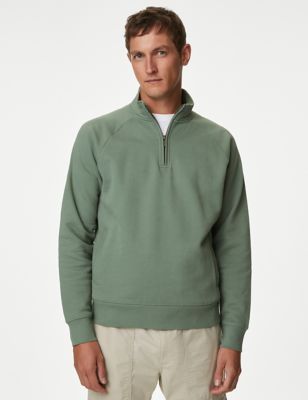 M&S Men's Pure Cotton Half Zip Sweatshirt - XXXLLNG - Antique Green, Antique Green,Dark Navy,Black,G