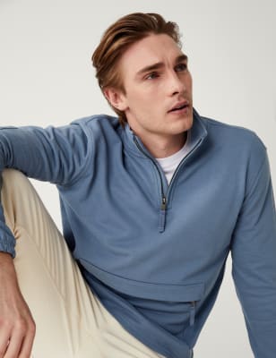 

Mens M&S Collection Pure Cotton Funnel Neck Half Zip Sweatshirt - Dusty Blue, Dusty Blue