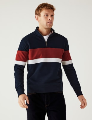 Marks And Spencer Mens M&S Collection Pure Cotton Colour Block Half Zip Sweatshirt - Dark Navy, Dark Navy