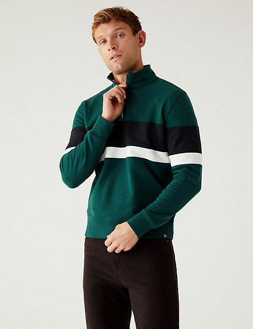 Marks And Spencer Mens M&S Collection Pure Cotton Colour Block Half Zip Sweatshirt - Dark Khaki