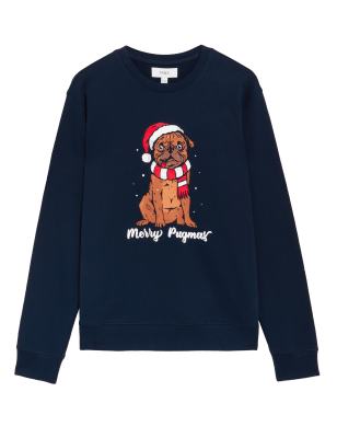 

Mens M&S Collection Weihnachts-Sweatshirt aus reiner Baumwolle mit Mopsmotiv - Dark Navy, Dark Navy