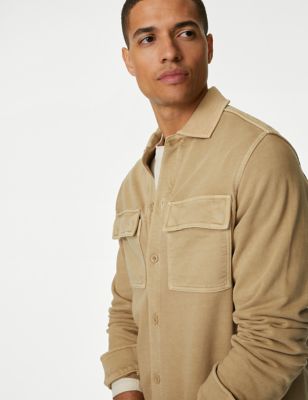 M&S Men's Pure Cotton Overshirt - SREG - Sand, Sand,Dark Navy
