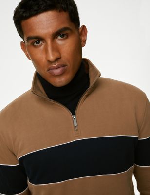 M&S Men's Pure Cotton Colour Block Half Zip Sweatshirt - MREG - Light Brown, Light Brown