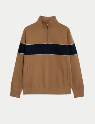 M&S Mens Pure Cotton Colour Block Half Zip Sweatshirt - MREG - Light Brown, Light Brown