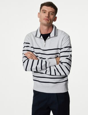 M&S Men's Pure Cotton Striped Sweatshirt - MREG - Grey Mix, Grey Mix,Dark Navy Mix