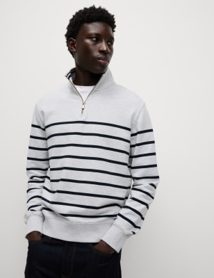 M&S Mens Pure Cotton Striped Sweatshirt - MREG - Grey Mix, Grey Mix,Dark Navy Mix