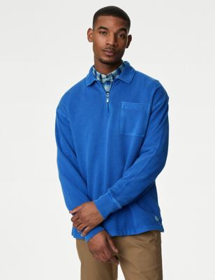 M&S Mens Relaxed Fit Pure Cotton Half Zip Sweatshirt - MLNG - Rich Blue, Rich Blue,Stone