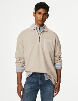

Mens M&S Collection Relaxed Fit Pure Cotton Half Zip Sweatshirt - Stone, Stone